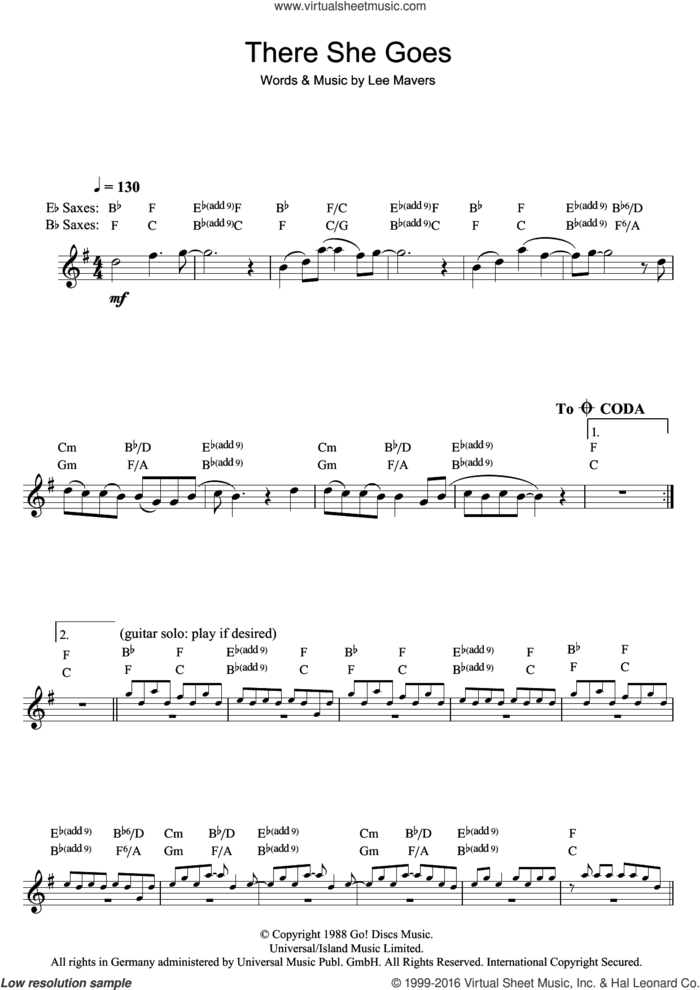 There She Goes sheet music for saxophone solo by The La's and Lee Mavers, intermediate skill level