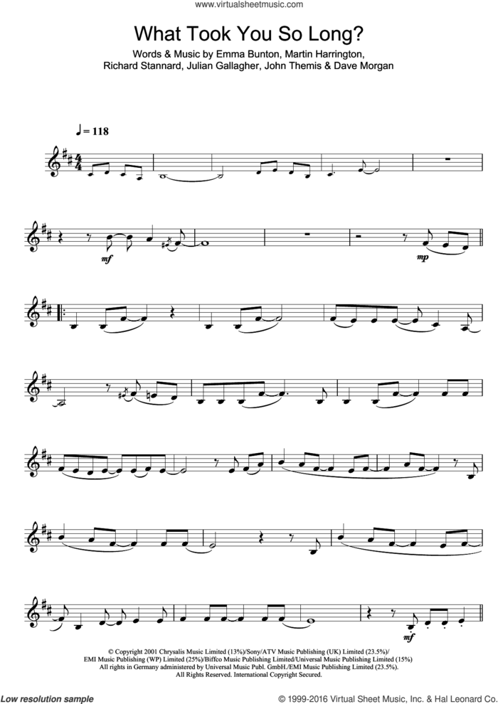 What Took You So Long? sheet music for clarinet solo by Emma Bunton, Dave Morgan, John Themis, Julian Gallagher, Martin Harrington and Richard Stannard, intermediate skill level