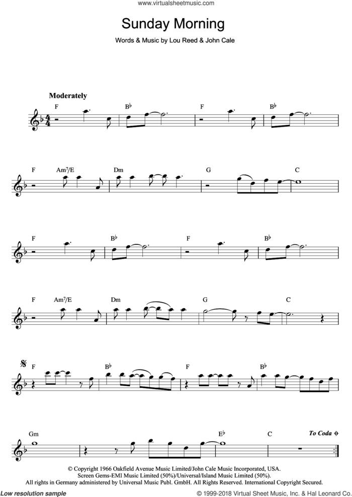 Sunday Morning sheet music for flute solo by The Velvet Underground, John Cale and Lou Reed, intermediate skill level