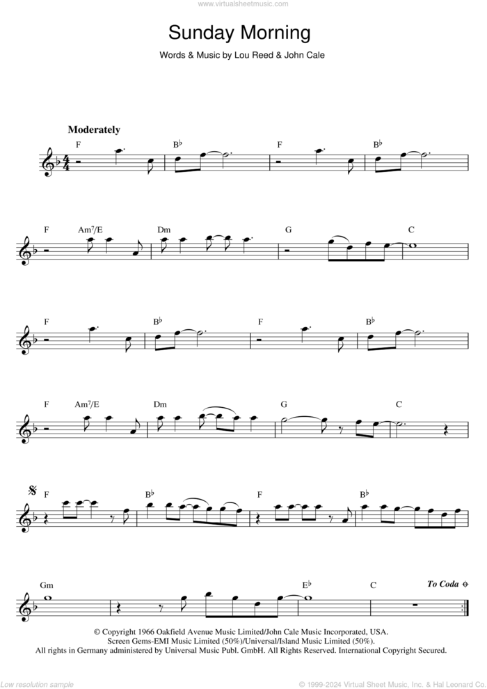 Sunday Morning sheet music for flute solo by The Velvet Underground, John Cale and Lou Reed, intermediate skill level