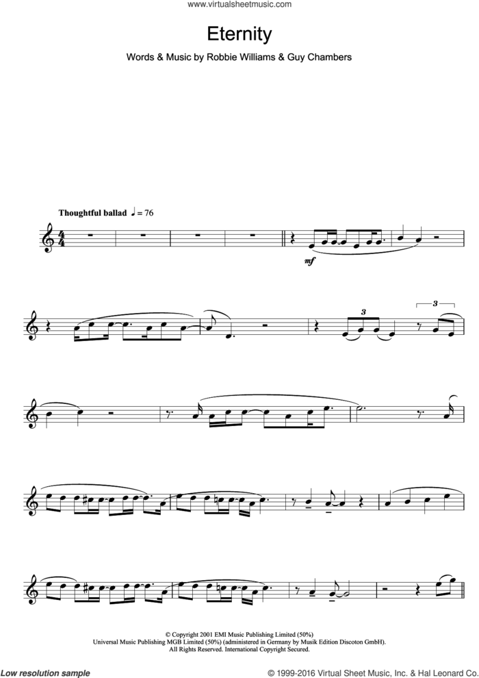 Eternity sheet music for clarinet solo by Robbie Williams and Guy Chambers, intermediate skill level