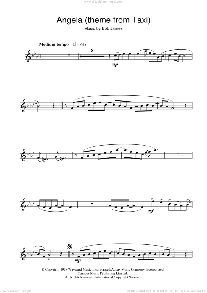 Angela (theme from Taxi) sheet music for flute solo by Bob James, intermediate skill level