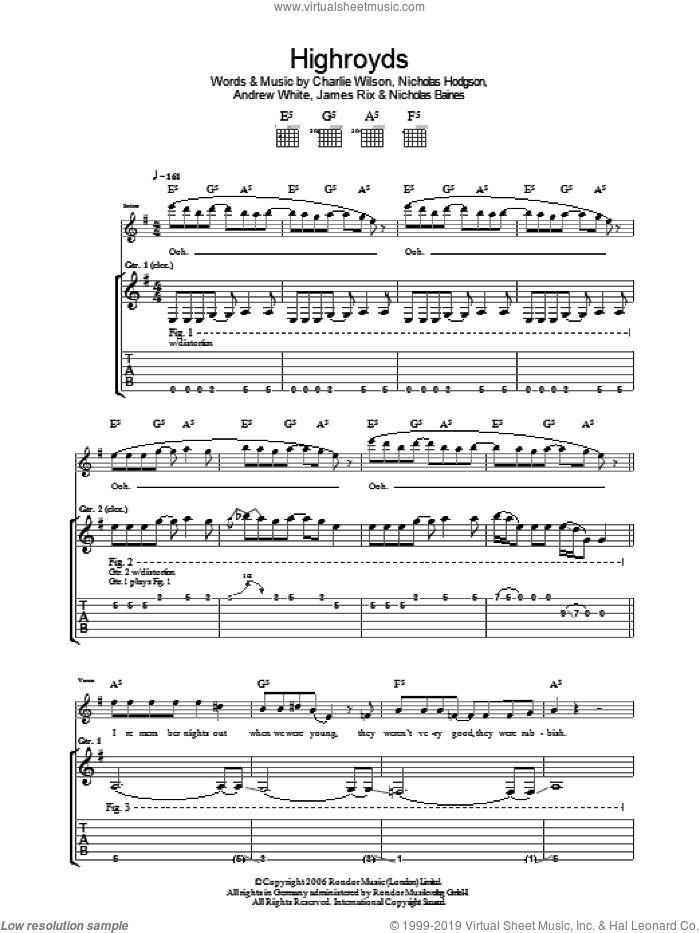 Highroyds sheet music for guitar (tablature) by Kaiser Chiefs, Andrew White, Charlie Wilson, James Rix, Nicholas Baines and Nicholas Hodgson, intermediate skill level