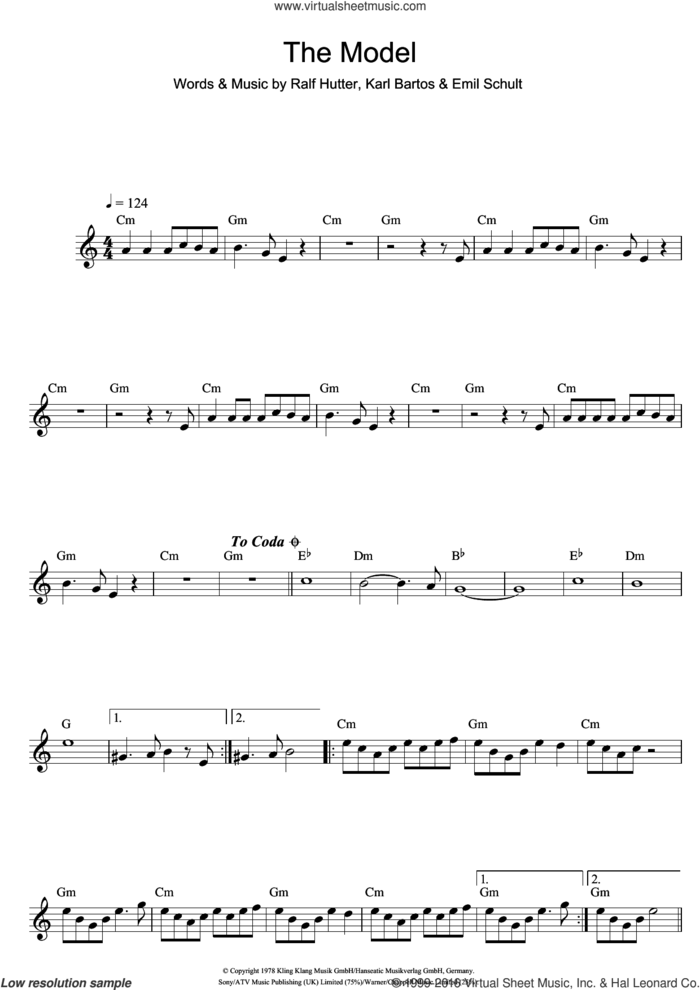 The Model sheet music for saxophone solo by Kraftwerk, Emil Schult, Karl Bartos, Ralf HA�A�tter and Ralf Hutter, intermediate skill level