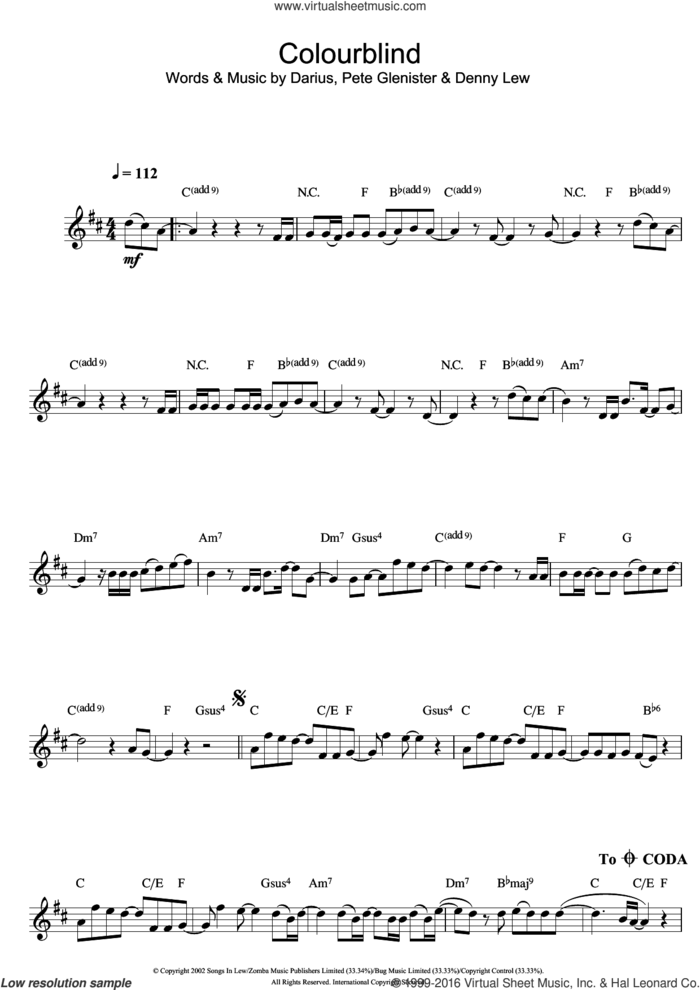 Colourblind sheet music for clarinet solo by Darius, Darius Danesh, Denny Lew and Pete Glenister, intermediate skill level