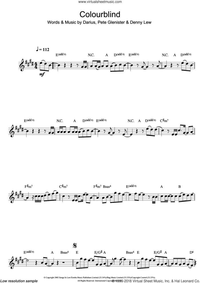 Colourblind sheet music for flute solo by Darius, Darius Danesh, Denny Lew and Pete Glenister, intermediate skill level