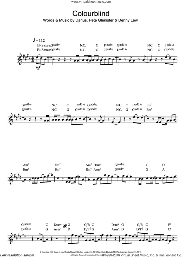 Colourblind sheet music for saxophone solo by Darius, Darius Danesh, Denny Lew and Pete Glenister, intermediate skill level