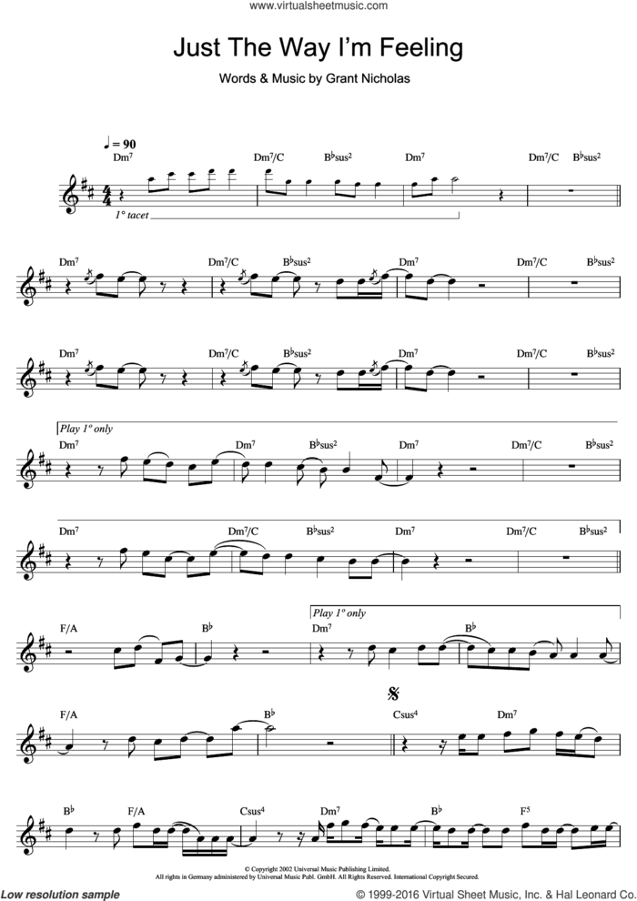 Just The Way I'm Feeling sheet music for saxophone solo by Feeder and Grant Nicholas, intermediate skill level