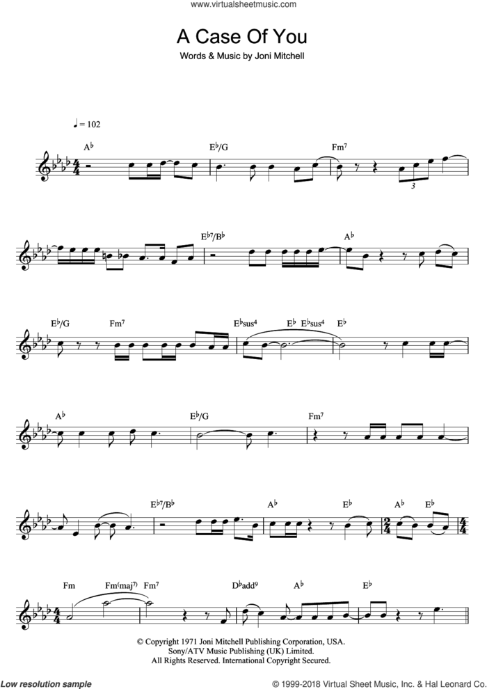 A Case Of You sheet music for flute solo by Joni Mitchell, intermediate skill level