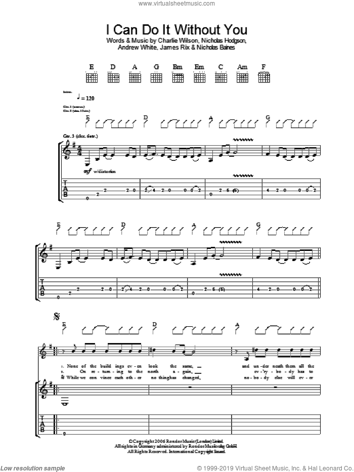 I Can Do It Without You sheet music for guitar (tablature) by Kaiser Chiefs, Andrew White, Charlie Wilson, James Rix, Nicholas Baines and Nicholas Hodgson, intermediate skill level