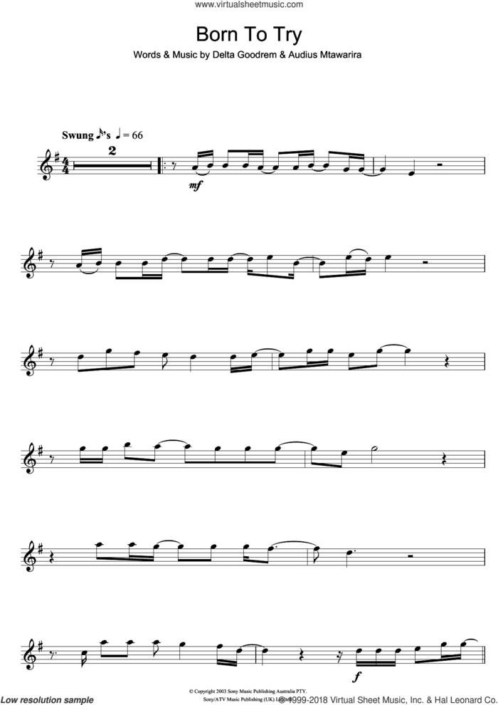 Born To Try sheet music for flute solo by Delta Goodrem and Audius Mtawarira, intermediate skill level