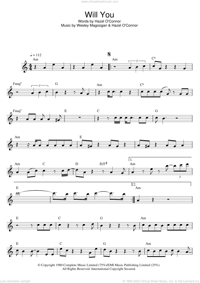Will You sheet music for flute solo by Hazel O'Connor and Wesley Magoogan, intermediate skill level