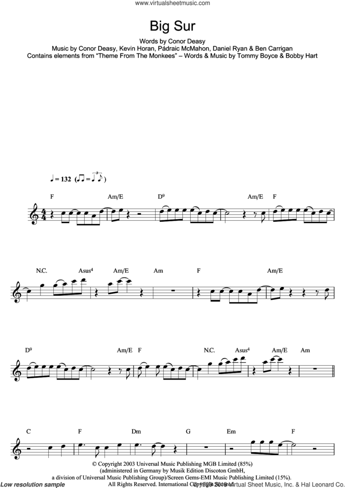 Big Sur sheet music for flute solo by The Thrills, Ben Carrigan, Conor Deasy, Daniel Ryan, Kevin Horan and Padraic McMahon, PA�A�draic McMahon and Padraic McMahon, intermediate skill level