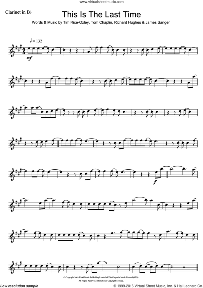 This Is The Last Time sheet music for clarinet solo by Tim Rice-Oxley, James Sanger, Richard Hughes and Tom Chaplin, intermediate skill level