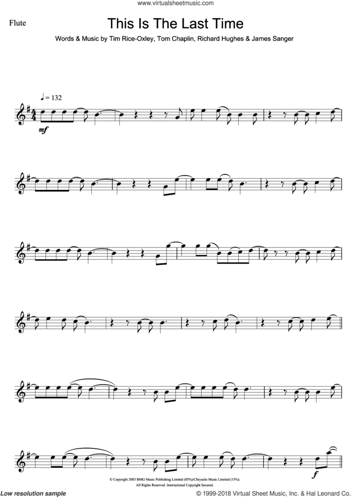 This Is The Last Time sheet music for flute solo by Tim Rice-Oxley, James Sanger, Richard Hughes and Tom Chaplin, intermediate skill level