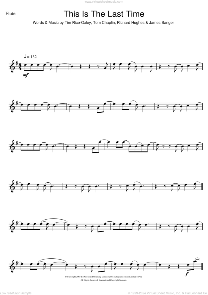 This Is The Last Time sheet music for flute solo by Tim Rice-Oxley, James Sanger, Richard Hughes and Tom Chaplin, intermediate skill level