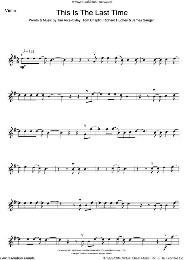 This Is The Last Time sheet music for violin solo by Tim Rice-Oxley, James Sanger, Richard Hughes and Tom Chaplin, intermediate skill level