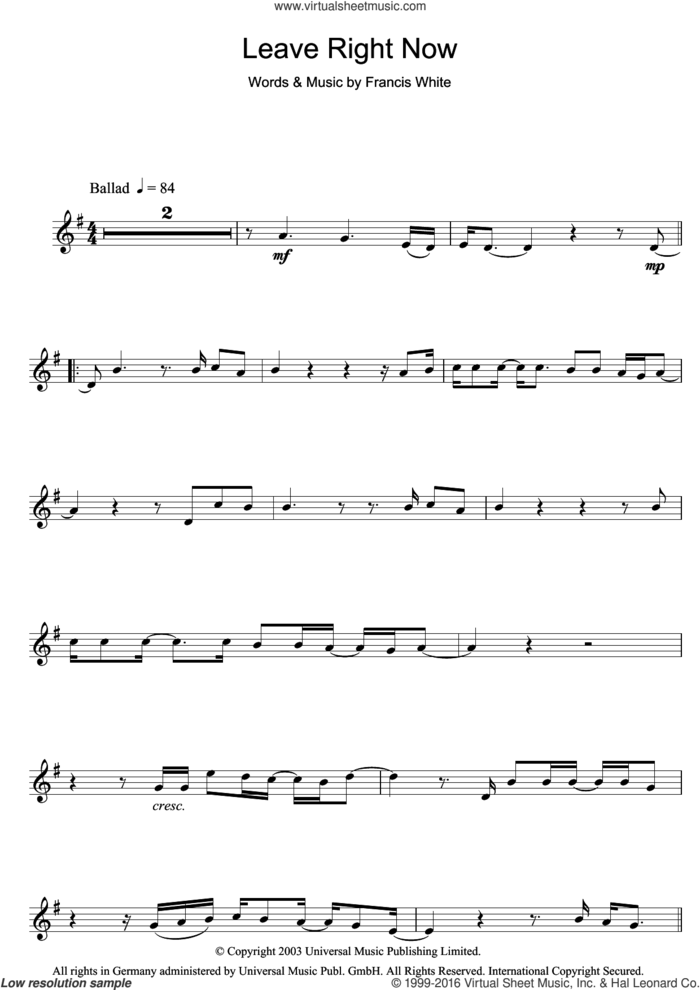 Leave Right Now sheet music for clarinet solo by Will Young and Francis White, intermediate skill level