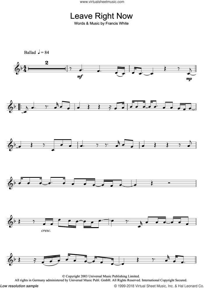 Leave Right Now sheet music for flute solo by Will Young and Francis White, intermediate skill level