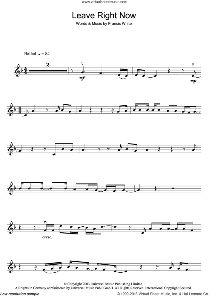 Leave Right Now sheet music for violin solo by Will Young and Francis White, intermediate skill level