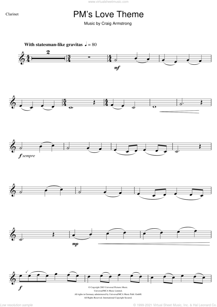 P.M.'s Love Theme (from Love Actually) sheet music for clarinet solo by Craig Armstrong, intermediate skill level
