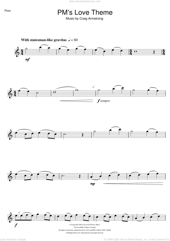 P.M.'s Love Theme (from Love Actually) sheet music for flute solo by Craig Armstrong, intermediate skill level