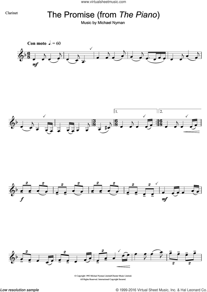 The Promise (from The Piano) sheet music for clarinet solo by Michael Nyman, intermediate skill level