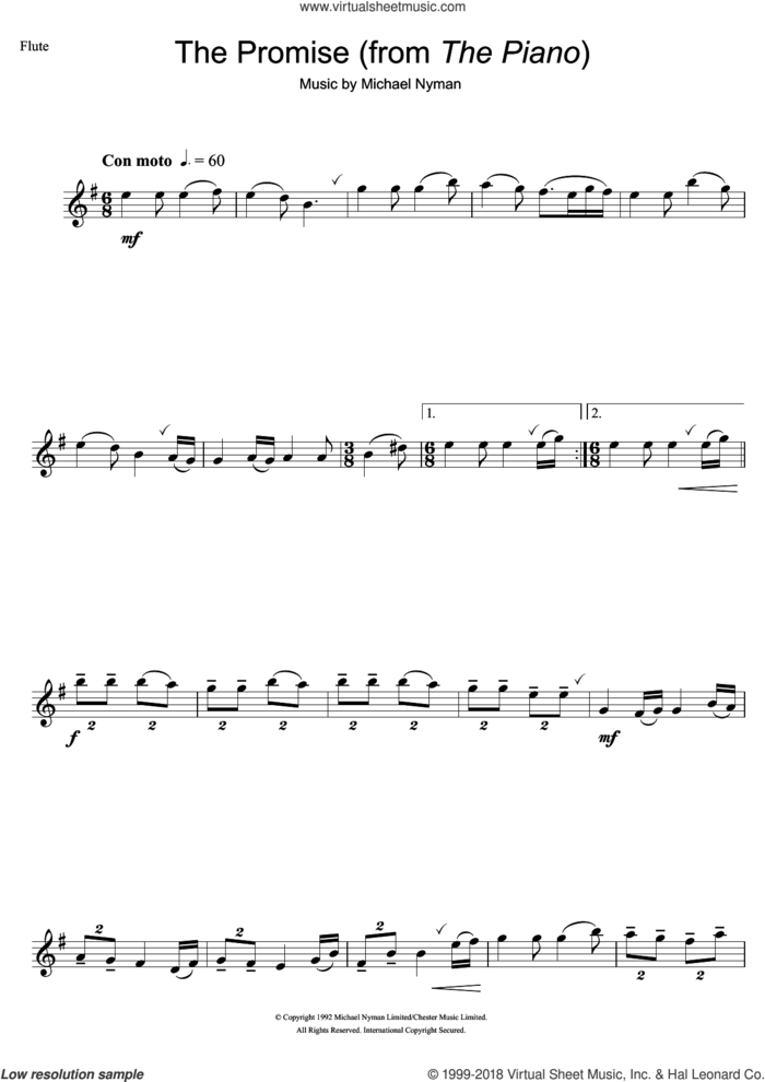 The Promise (from The Piano) sheet music for flute solo by Michael Nyman, intermediate skill level