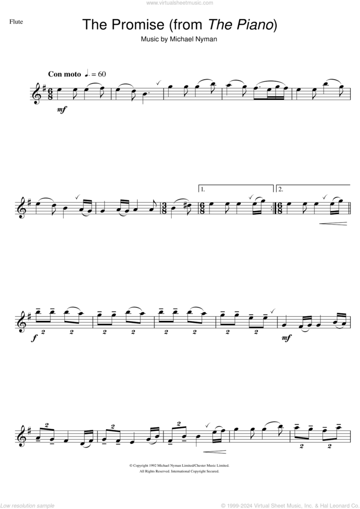 The Promise (from The Piano) sheet music for flute solo by Michael Nyman, intermediate skill level