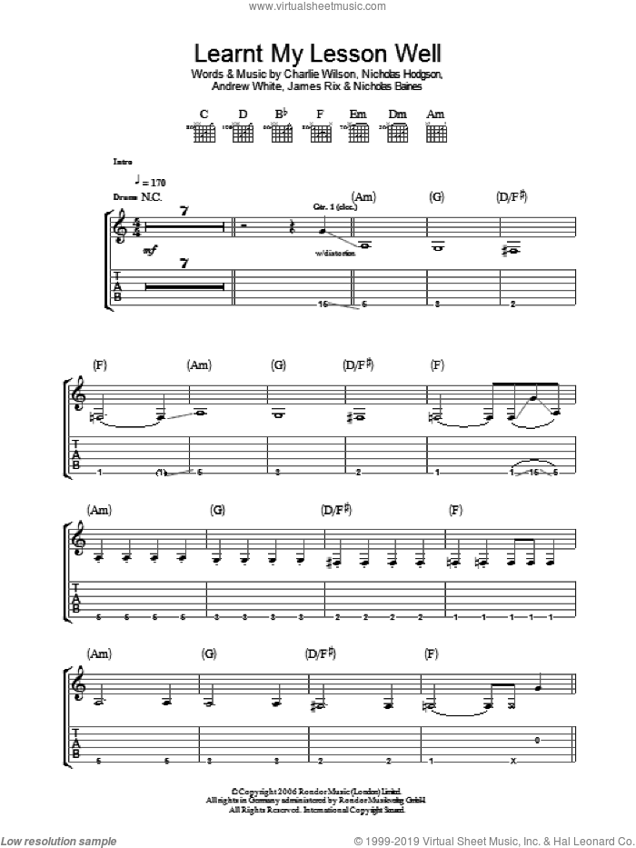 Learnt My Lesson Well sheet music for guitar (tablature) by Kaiser Chiefs, Andrew White, Charlie Wilson, James Rix, Nicholas Baines and Nicholas Hodgson, intermediate skill level