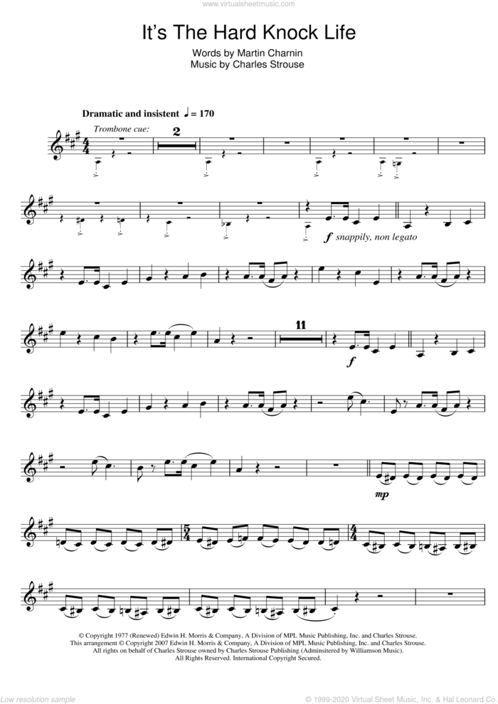 It's The Hard-Knock Life (from Annie) sheet music for trumpet solo by Charles Strouse and Martin Charnin, intermediate skill level