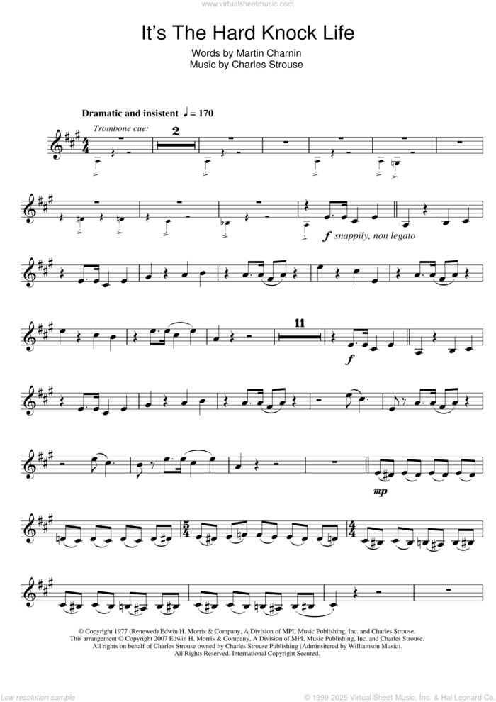 It's The Hard-Knock Life (from Annie) sheet music for trumpet solo by Charles Strouse and Martin Charnin, intermediate skill level