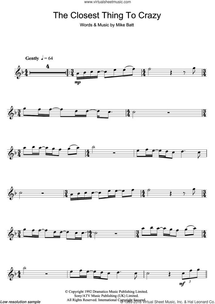 The Closest Thing To Crazy sheet music for flute solo by Katie Melua and Mike Batt, intermediate skill level