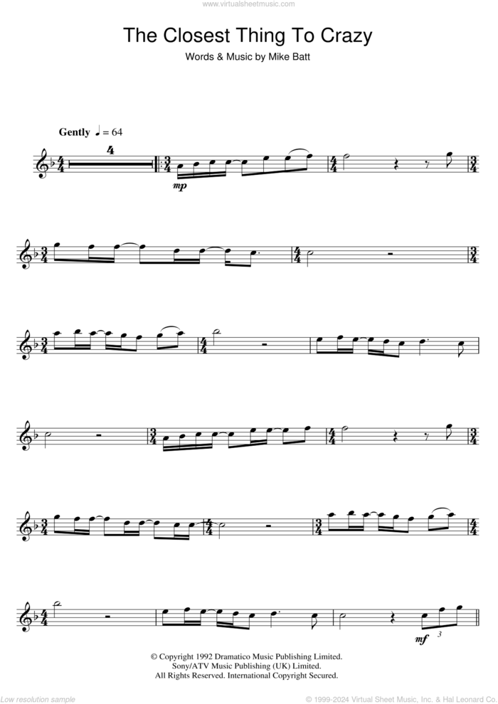 The Closest Thing To Crazy sheet music for flute solo by Katie Melua and Mike Batt, intermediate skill level