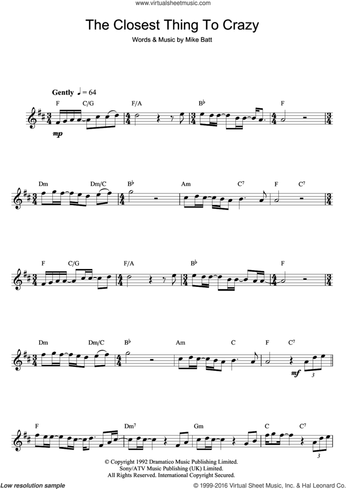 The Closest Thing To Crazy sheet music for saxophone solo by Katie Melua and Mike Batt, intermediate skill level