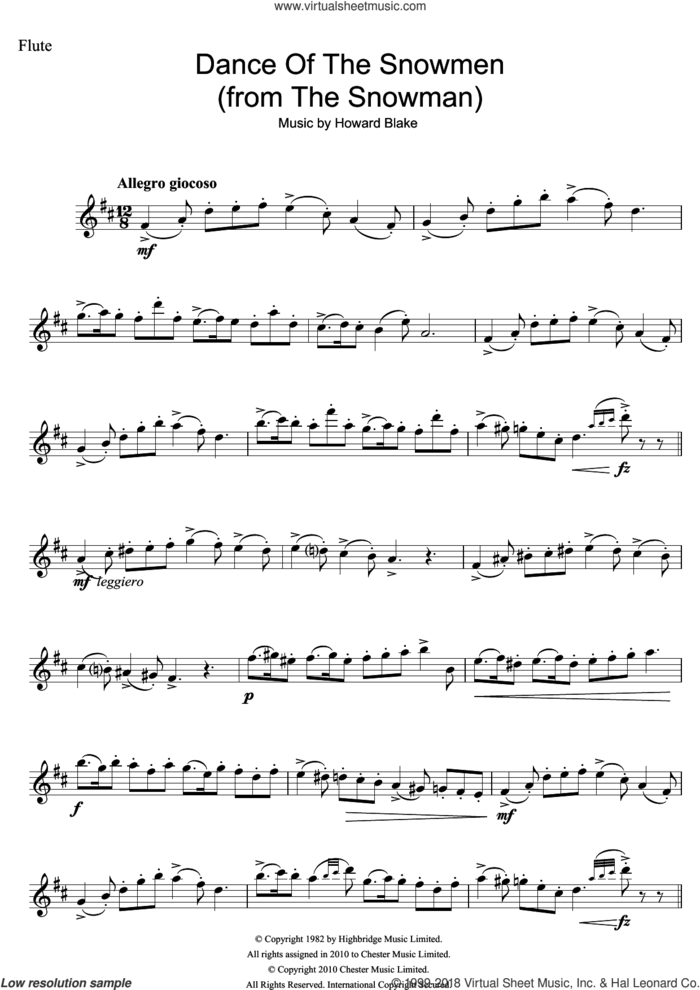 Dance Of The Snowmen (from The Snowman) sheet music for flute solo by Howard Blake, intermediate skill level