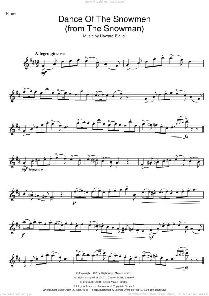 Dance Of The Snowmen (from The Snowman) sheet music for flute solo by Howard Blake, intermediate skill level