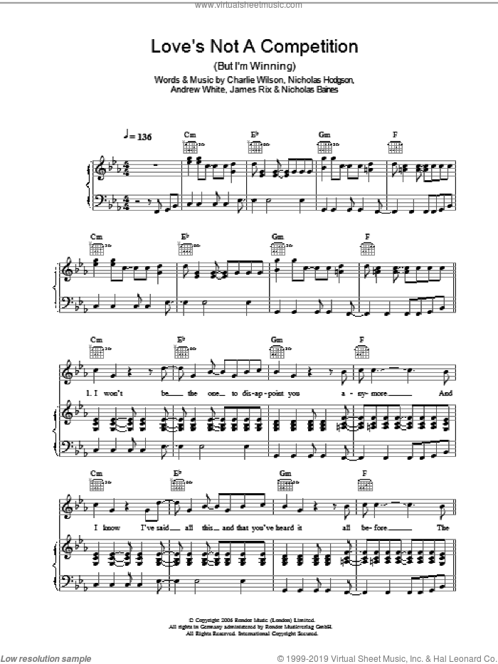 Love's Not A Competition (But I'm Winning) sheet music for voice, piano or guitar by Kaiser Chiefs, Andrew White, Charlie Wilson, James Rix, Nicholas Baines and Nicholas Hodgson, intermediate skill level