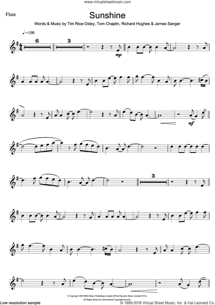 Sunshine sheet music for flute solo by Tim Rice-Oxley, James Sanger, Richard Hughes and Tom Chaplin, intermediate skill level