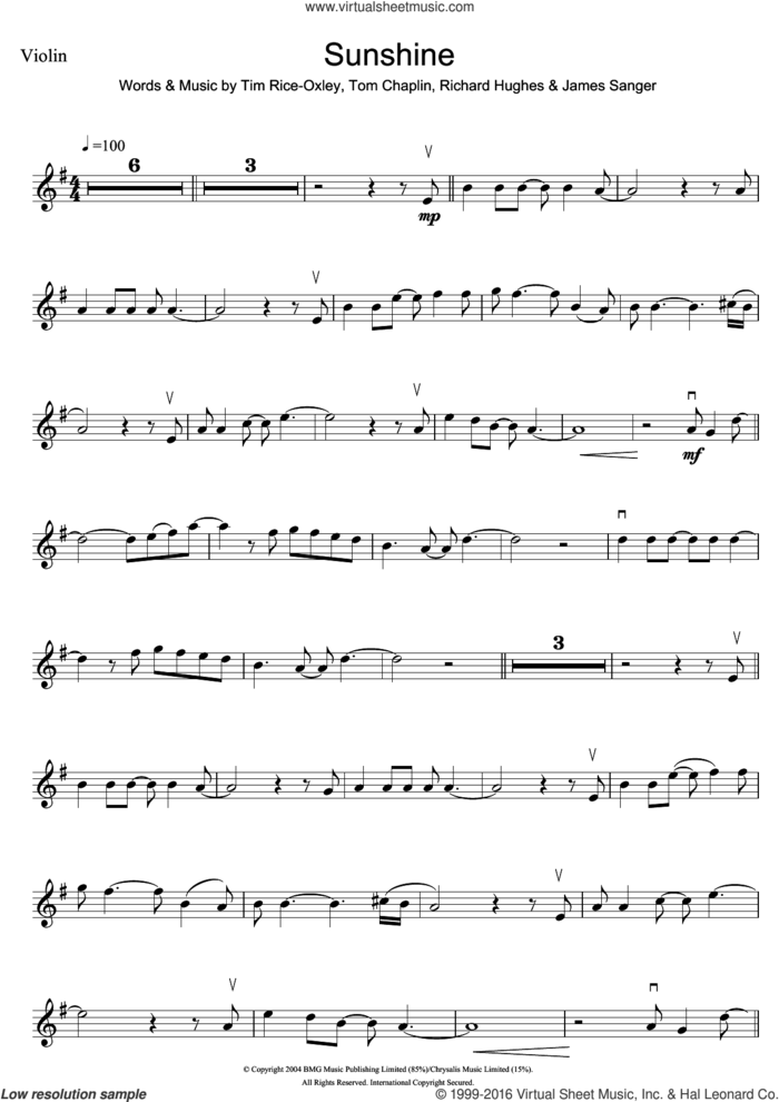 Sunshine sheet music for violin solo by Tim Rice-Oxley, James Sanger, Richard Hughes and Tom Chaplin, intermediate skill level