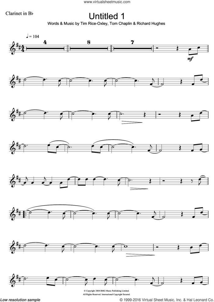 Untitled 1 sheet music for clarinet solo by Tim Rice-Oxley, Richard Hughes and Tom Chaplin, intermediate skill level
