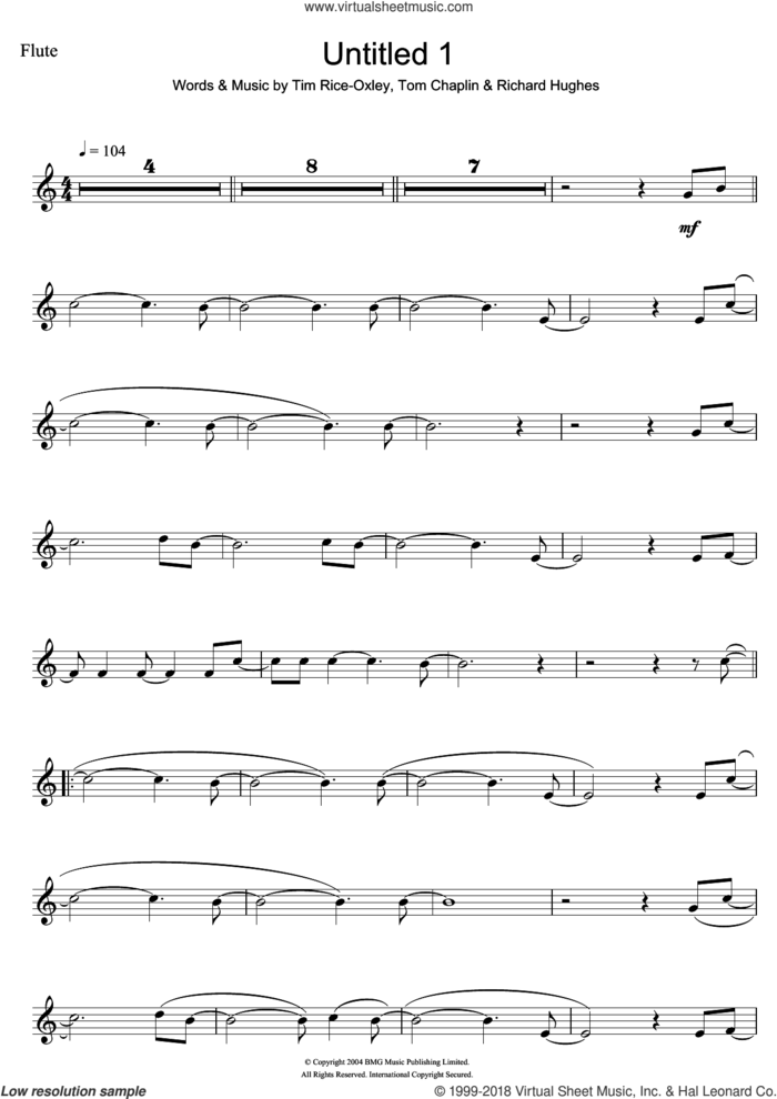Untitled 1 sheet music for flute solo by Tim Rice-Oxley, Richard Hughes and Tom Chaplin, intermediate skill level