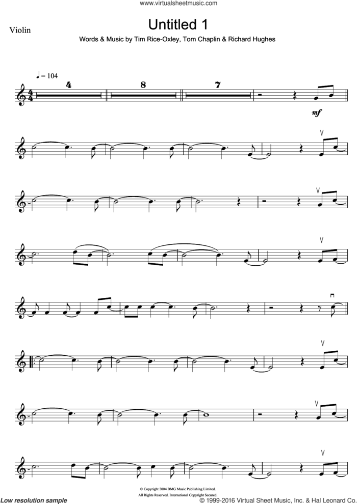 Untitled 1 sheet music for violin solo by Tim Rice-Oxley, Richard Hughes and Tom Chaplin, intermediate skill level