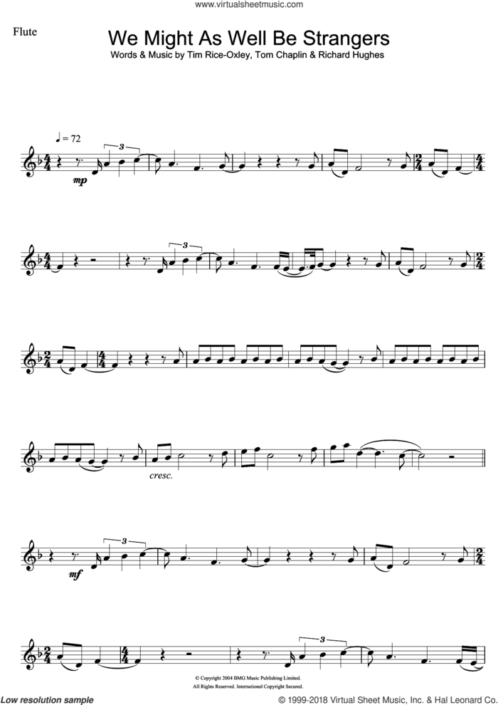 We Might As Well Be Strangers sheet music for flute solo by Tim Rice-Oxley, Richard Hughes and Tom Chaplin, intermediate skill level