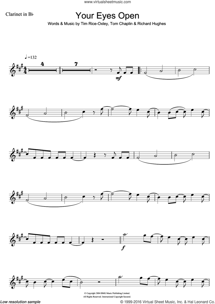 Your Eyes Open sheet music for clarinet solo by Tim Rice-Oxley, Richard Hughes and Tom Chaplin, intermediate skill level