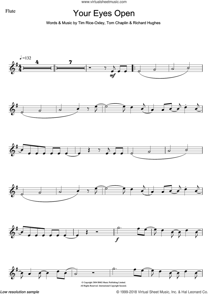 Your Eyes Open sheet music for flute solo by Tim Rice-Oxley, Richard Hughes and Tom Chaplin, intermediate skill level