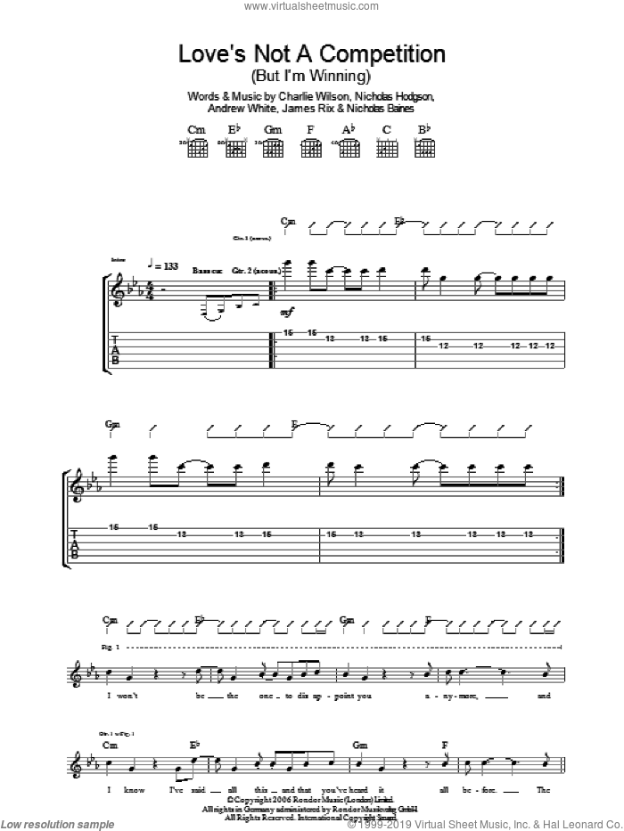 Love's Not A Competition (But I'm Winning) sheet music for guitar (tablature) by Kaiser Chiefs, Andrew White, Charlie Wilson, James Rix, Nicholas Baines and Nicholas Hodgson, intermediate skill level