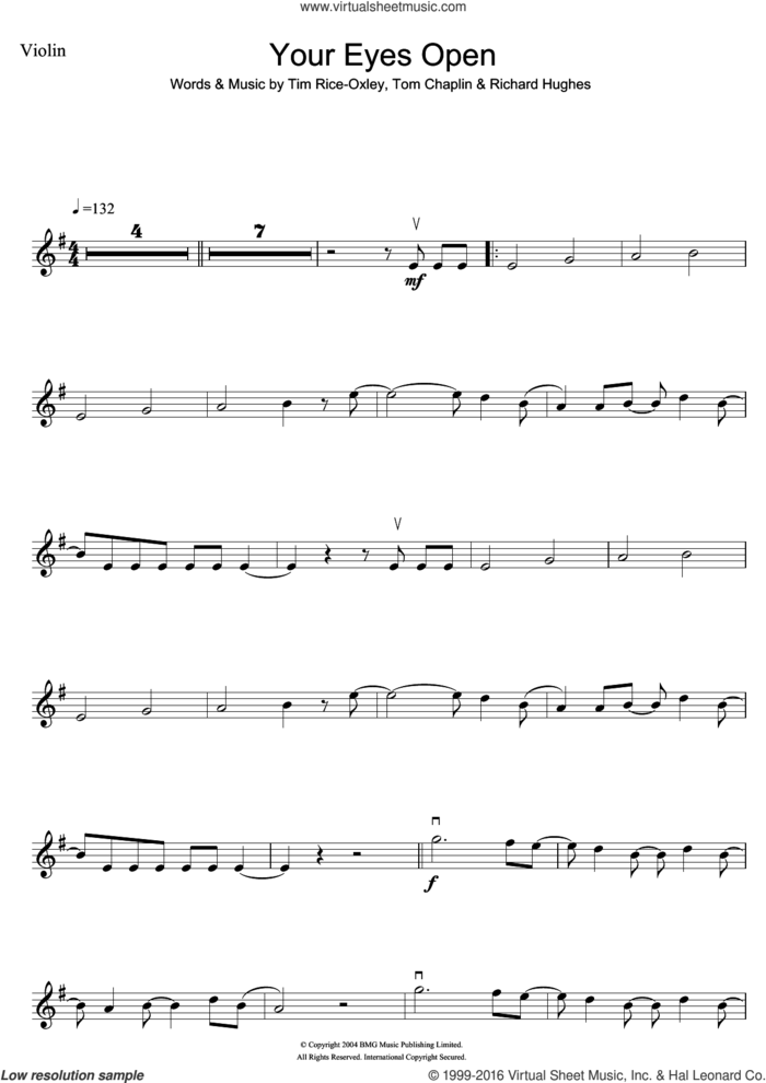 Your Eyes Open sheet music for violin solo by Tim Rice-Oxley, Richard Hughes and Tom Chaplin, intermediate skill level