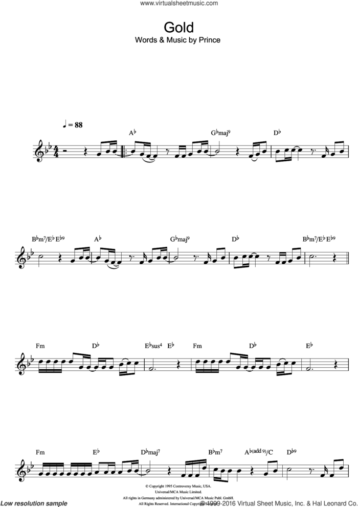 Gold sheet music for clarinet solo by Prince, intermediate skill level