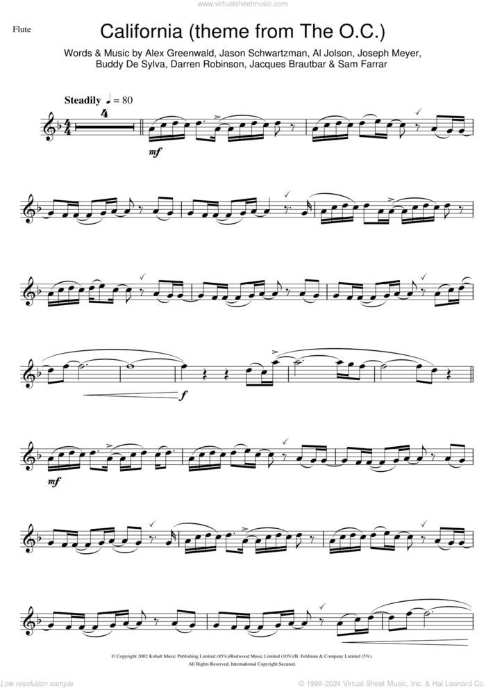 California (theme from The OC) sheet music for flute solo by Phantom Planet, Al Jolson, Alex Greenwald, Buddy DeSylva, Darren Robinson, Jacques Brautbar, Jason Schwartzman, Joseph Meyer and Sam Farrar, intermediate skill level